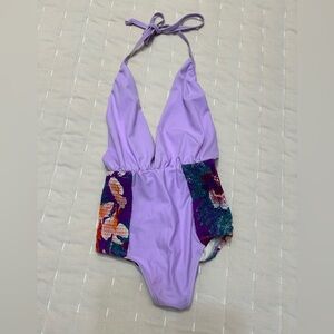 6 SHOREROAD lavender 1 piece with floral ruching XS